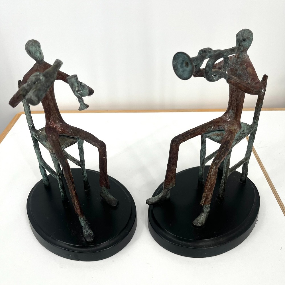 Vintage Modernist Bronze Sculpture Horn Blower & A Drinkin Seated Set of 2 Heavy